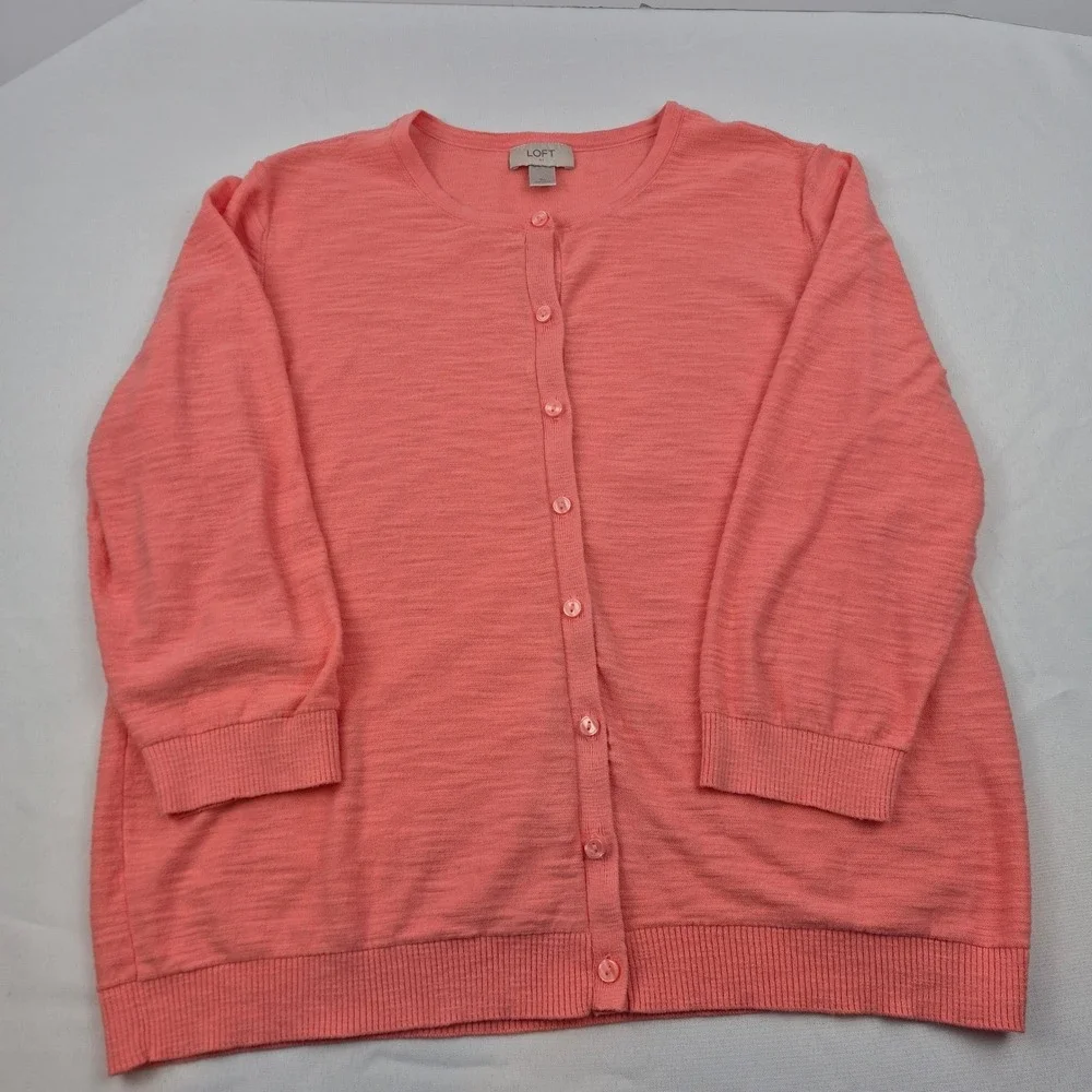 LOFT Coral‎ Pink Knit Button Front Cardigan Sweater XL Lightweight 3/4 Sleeve